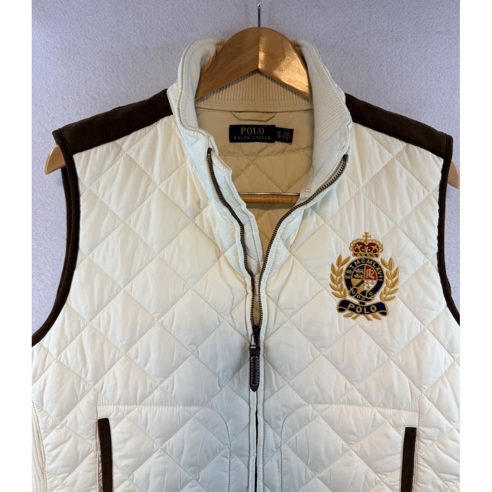 Polo Ralph Lauren Quilted Vest Gold Crest Lamb Suede Trim Equestrian Size XL